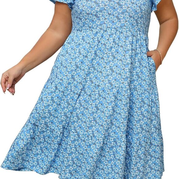 Plus Size Summer Dress Rayon Spandex Tiered Flowy Casual Pockets - Picture 1 of 6